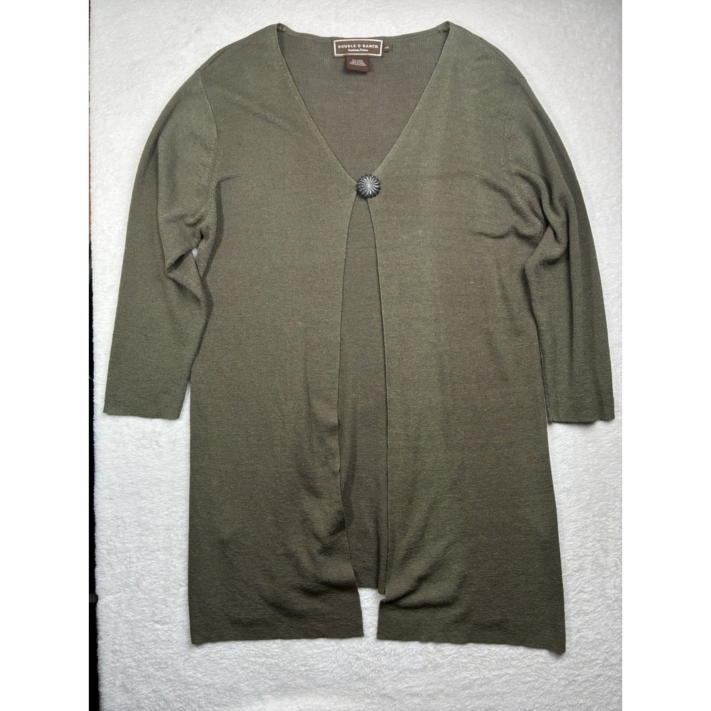 Double D Ranch Cardigan Women's Large Olive Green Linen Blend Longline Lagenlook